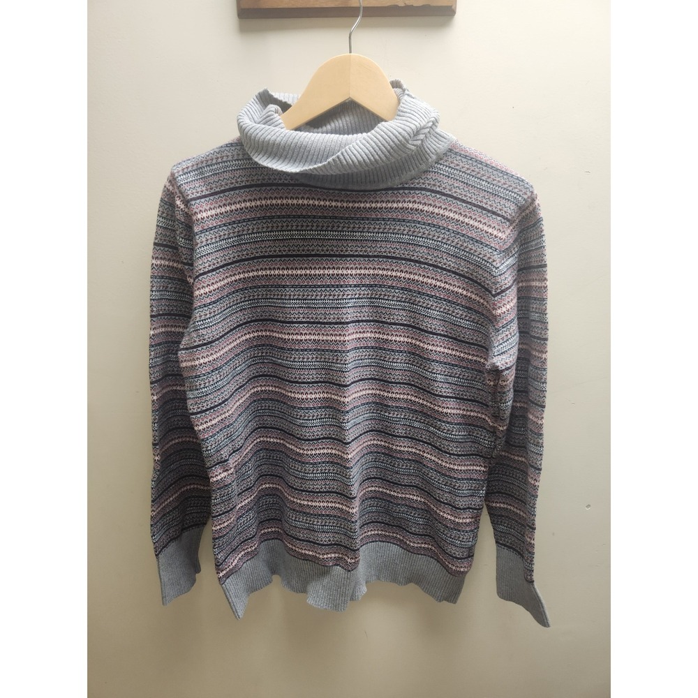 LL Bean Women XL Gray Striped Cowl Neck Cotton Cashmere Sweater 503413 Fair Isle